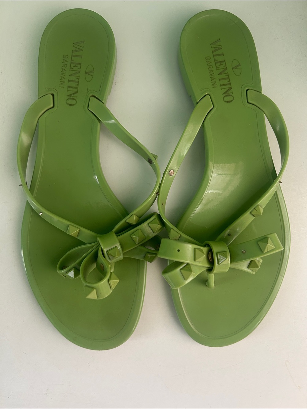 Valentino Lime Green Rockstud Bow Thong Sandals